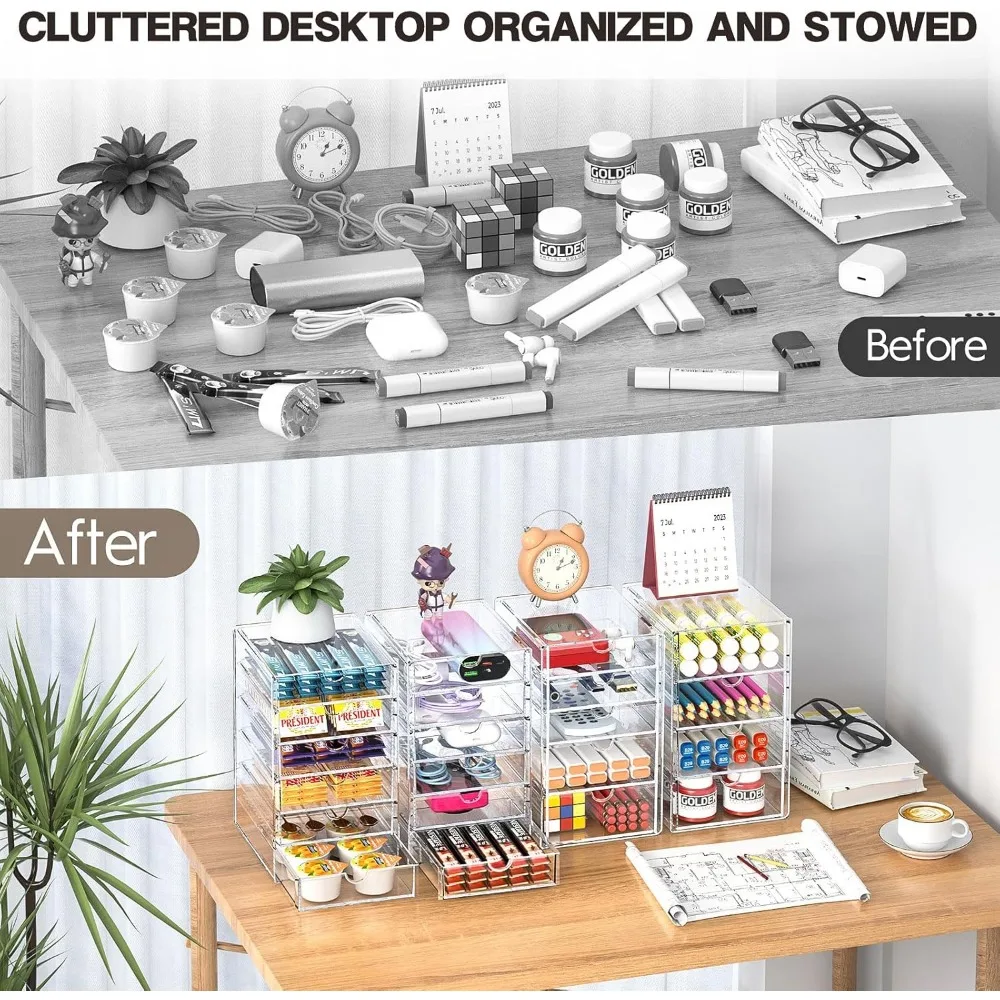 Conjunto organizador acrílico de 21 gavetas - armazenamento empilhável transparente para escritório, maquiagem, joias