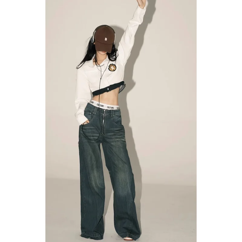 

Blue Women Jeans Spliced High Waisted Vintage Y2K Style Straight Baggy Pants American Fashion Street 2023 Wide Leg Denim Trouser