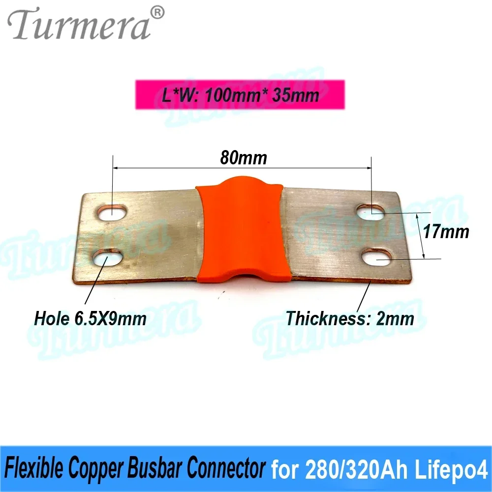 Turmera 12V 24V 48V Lifepo4 Battery Flexible Busbar Copper Connecter Hole to Hole 80mm 2mm 400A for 280Ah 320Ah Lifepo4 Battery