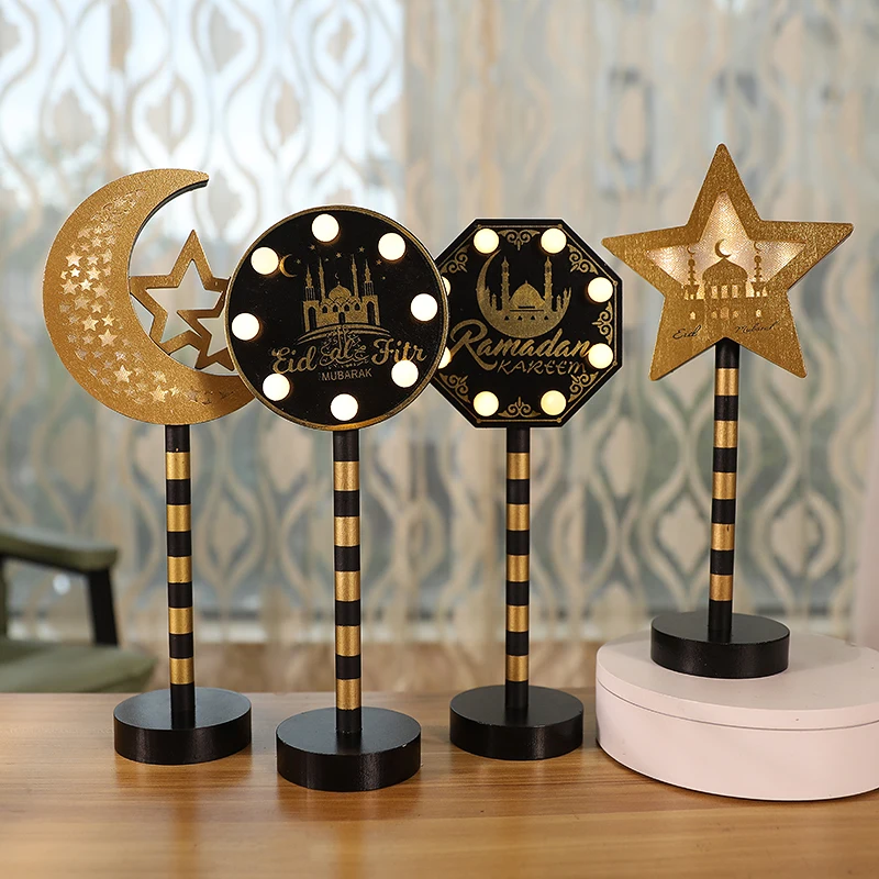 

Eid Mubarak LED Light Ramadan Kareem Battery Powered Wooden Tabletop Light Atmosphere Ornaments Islamic Muslim Party Decoration