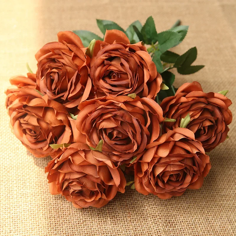 Artificial Flowers Silk Orange Thousand Layer Roses Bundle Home Restaurant Hotel Decoration Fake Flower Wedding Simulation Rose