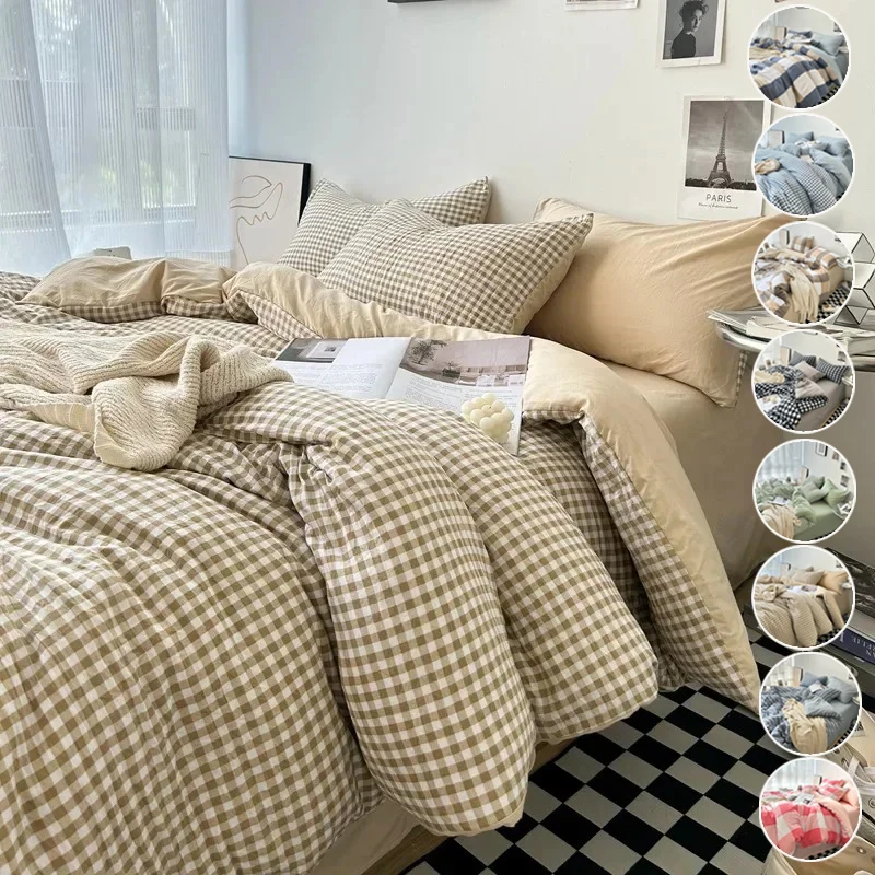 

HighQuality Minimalist Style Washed Cotton Bedding 4pcs Quilt Cover Set Flat Sheets Set 2Pillowcases Single Twin Full Queen Size