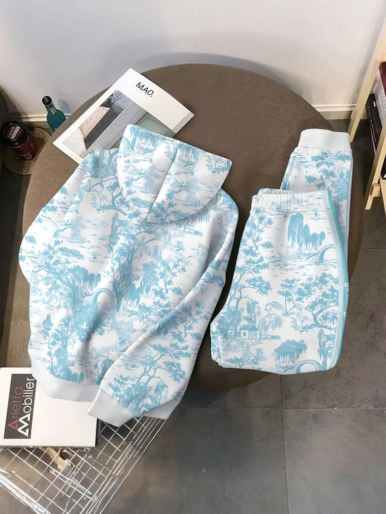 Conjunto de Moletom e Calça Jogger Feminino com Estampa Vintage de Paisagem Be You Do You para Outono Inverno Casual