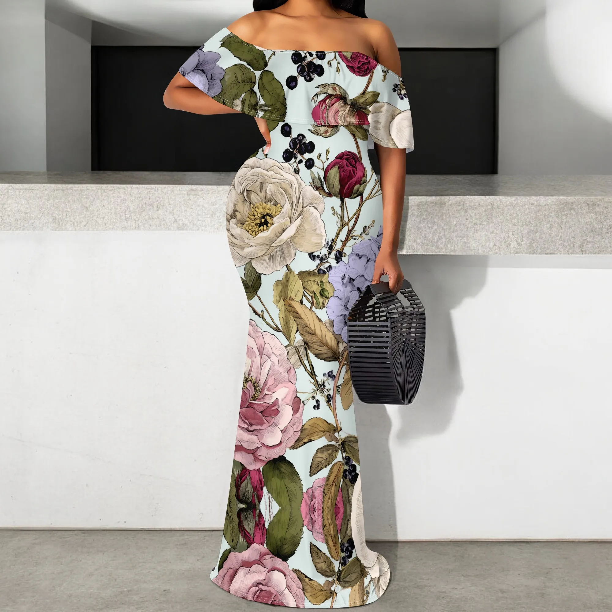 

Plus Size V Neck Maxi Dress XL-6XL Elegant Gold Glitter Floral Slit Wrap Dress