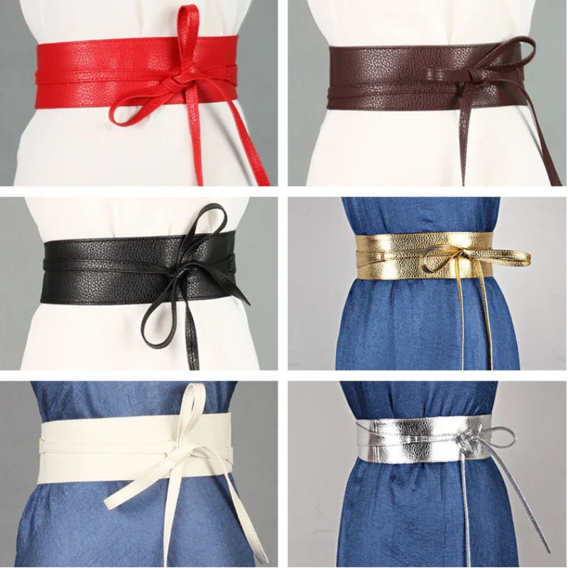 

2.5 meters long Women Bowknot Faux Leather Wrap Around Style Cinch Waistband Black Cummerbund Brown woman Dress waist cover