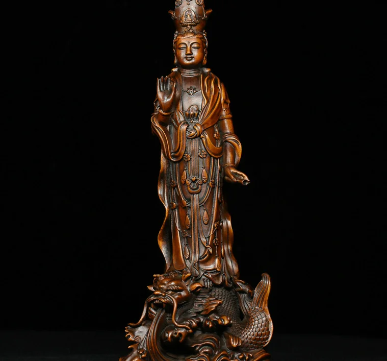 Chinese Buddhism Boxwood Wood Carved Dragon Fish GuanYin Kwan-yin Buddha Statue