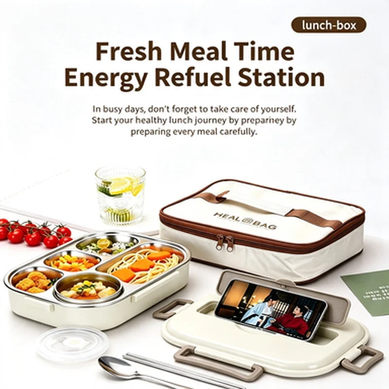 304 Stainless Steel Insulated Lunch Box Sealed Portable Bento Box Set With Carry Bag For Office Workers Students Kids