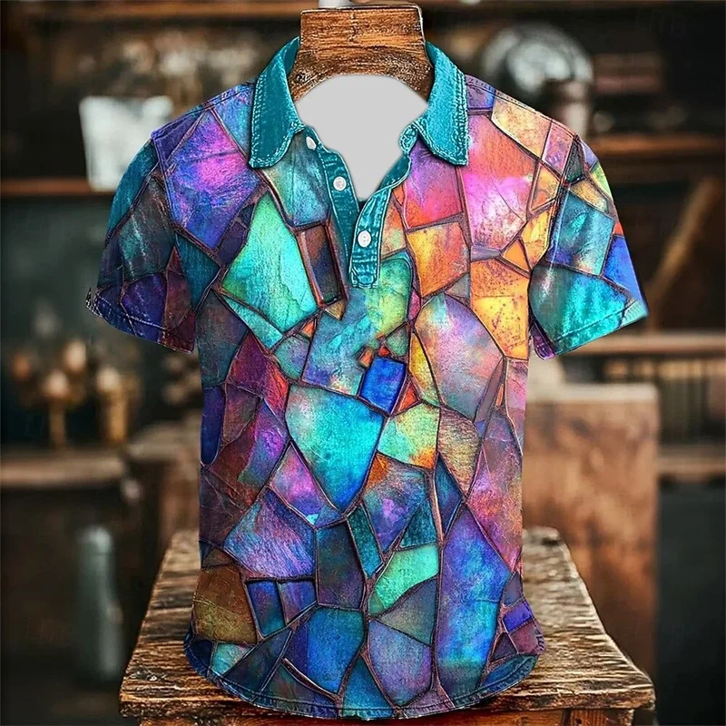 Geometric Classic Polo Shirt Men's Fashion Clothing Lapel Button Up Shirt 3D Checkered Printed Color Top