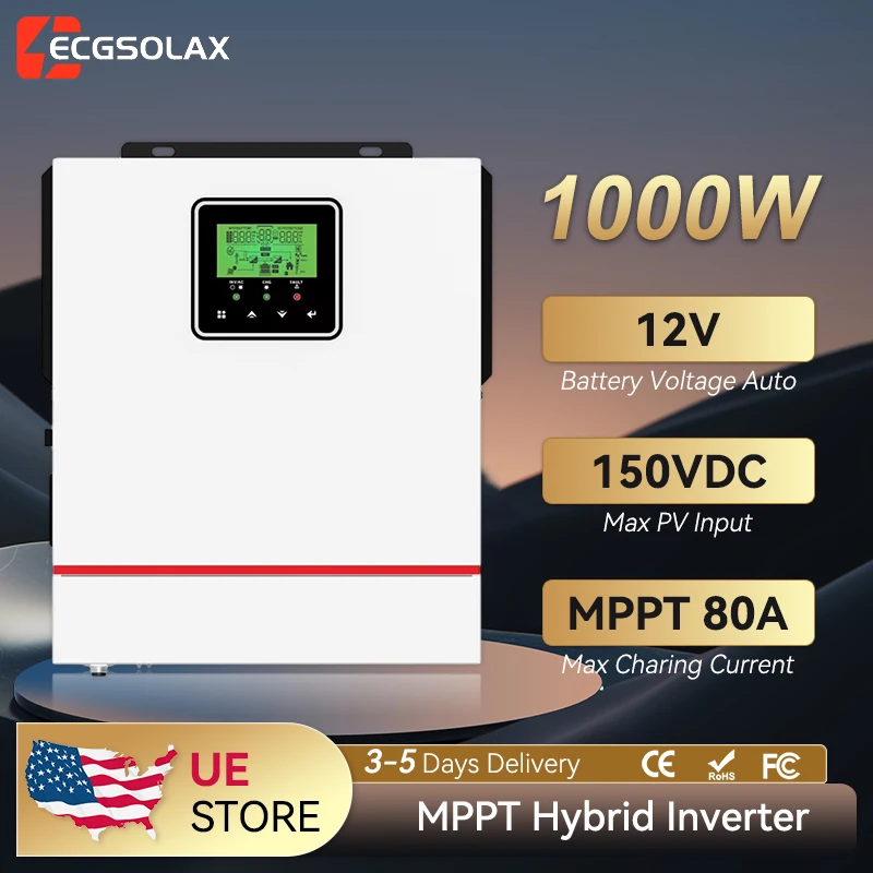 ECGSOLAX 1KW Hybrid Solar inverter 12V 220V With MPPT 80A Charger Solar Off-grid Single-phase Hybrid inverter Max PV 150VDC