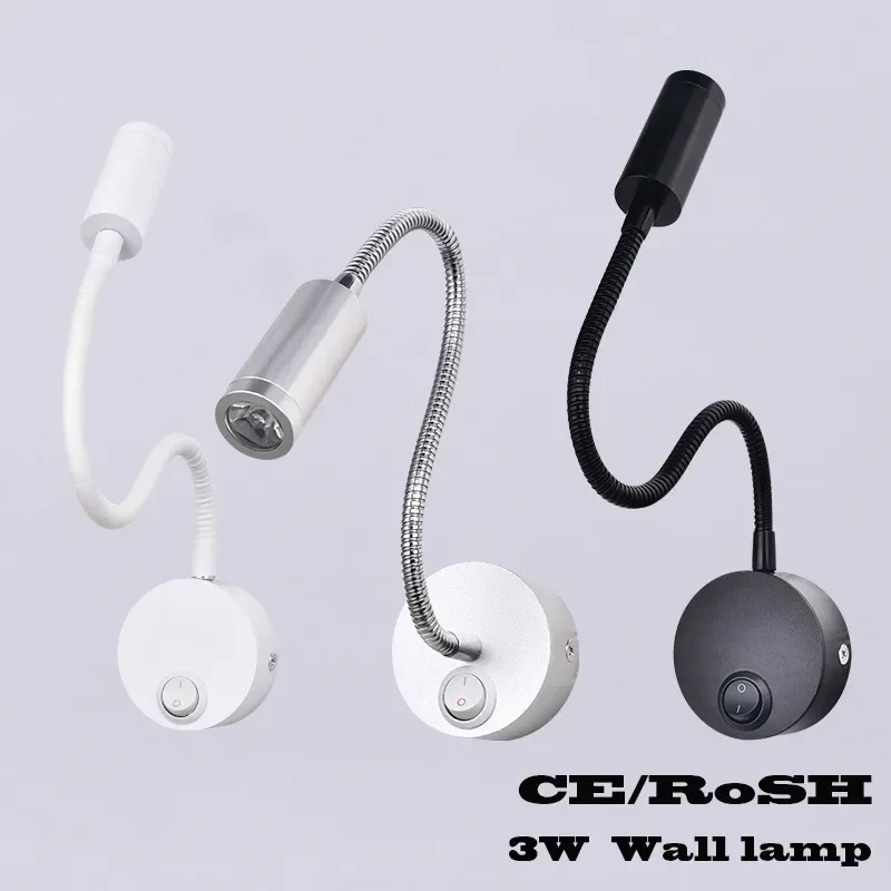 Modern Fashion 3W LED Hoses Wall Lamp Flexible Home Hotel Bedside Reading Wall Light Book Lights Aluminum LED Bulbs AC 110V/220V
