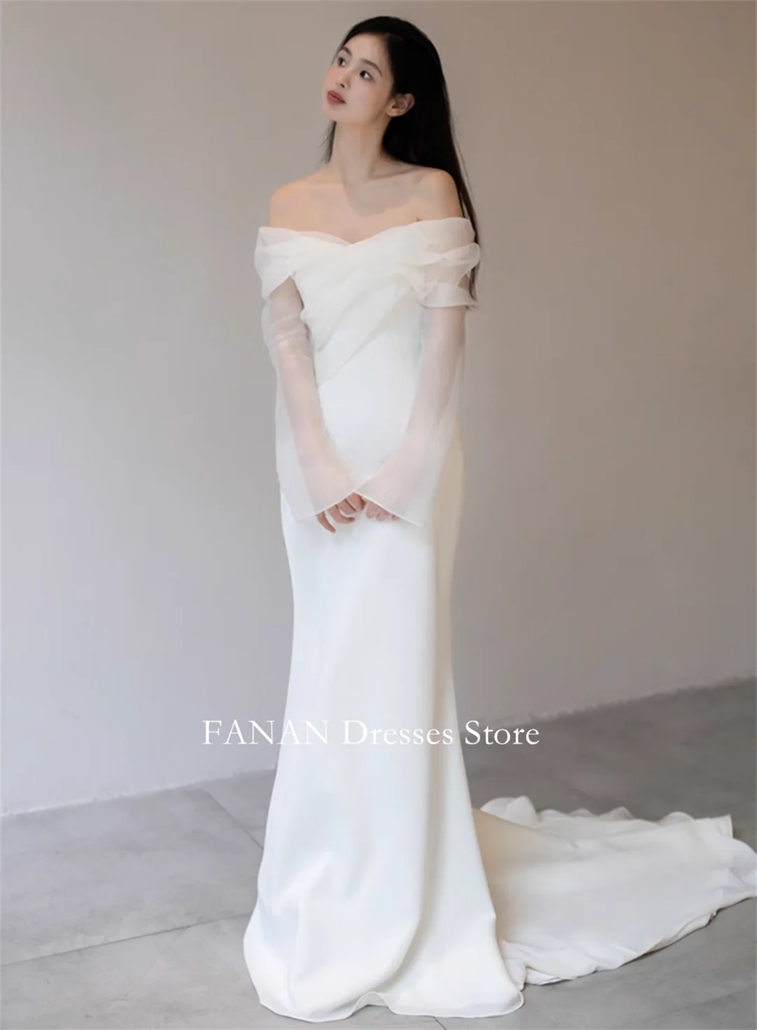 

FANAN Off-Shoulder Korea Ivory Mermaid Organza Wedding Dresses 웨딩드레스 Long Sleeves Customized Pretty Bride Gowns Plus Size