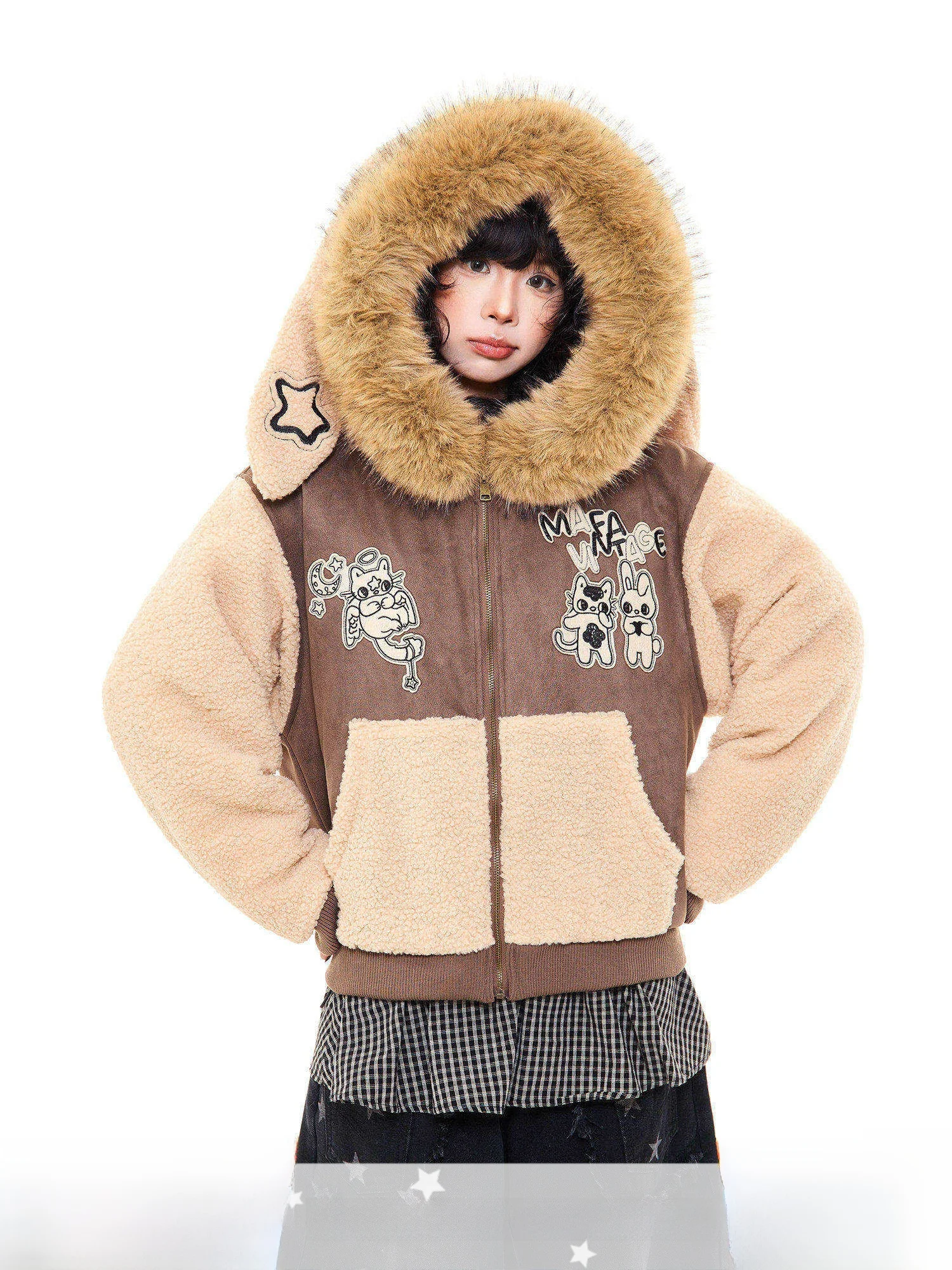 

Зимняя женская куртка MKGO American Sle из хлопка с капюшоном, ушками кролика, вставками из овечьей шерсти и большим меховым воротником, свободного кроя, в стиле колор-блок