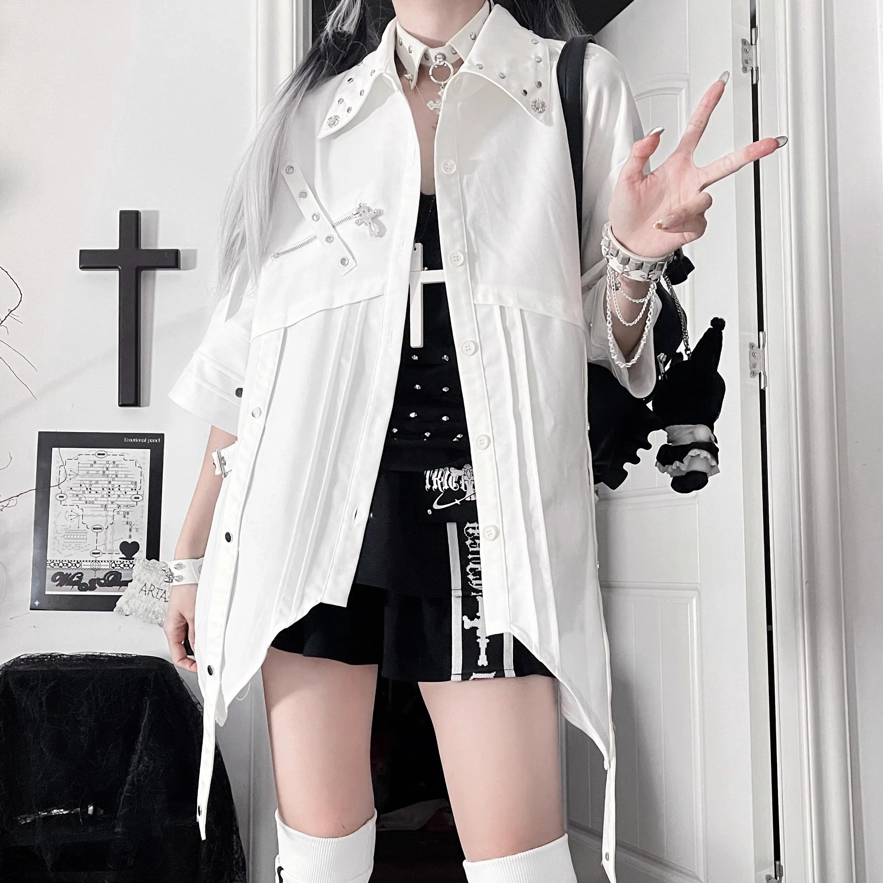 الأصلي ثقافة فرعية القوطية الشرير نمط فضفاض نصف كم قميص الخريف جديد 2025 الفتيات المرأة الحلو كول Y2K قميص علوي دي موهير