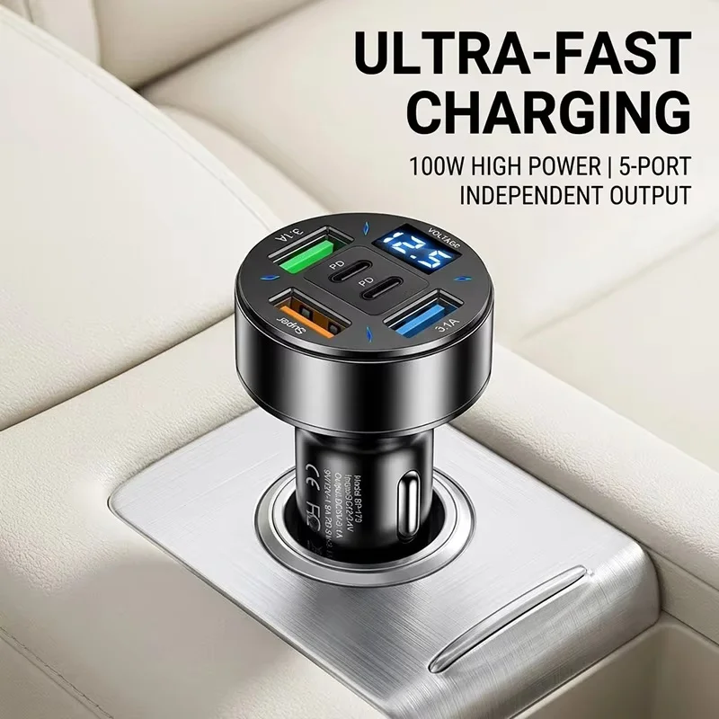 100W 5-in-1 PD QC3.0 Car Charger Fast Charging USB C for IPhone,Samsung Galaxy, IPad Pro, Multi-Port Cigarette Lighter Adapter