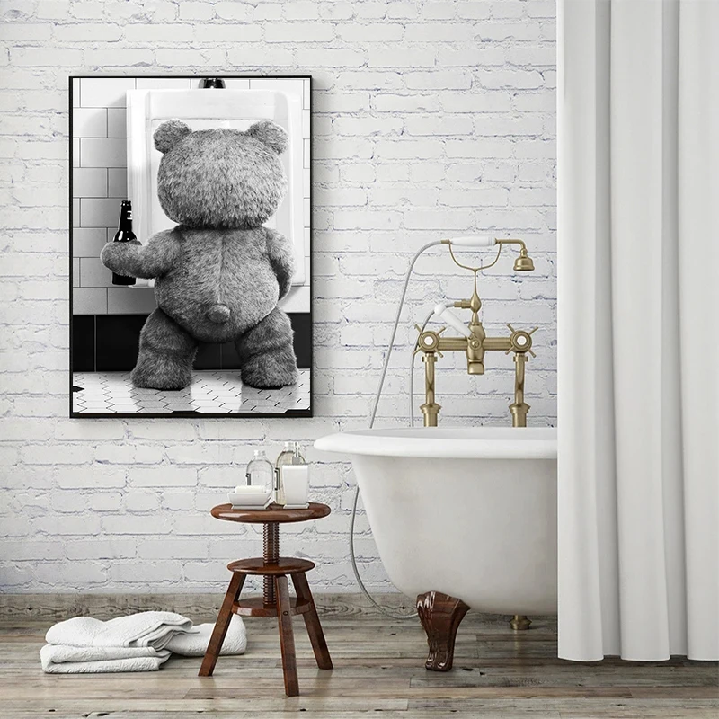 1pc frameless Canvas Painting Black White Cute brown Bear drink beer Bathroom Poster Canvas Print Painting Wall Picture Art Fash