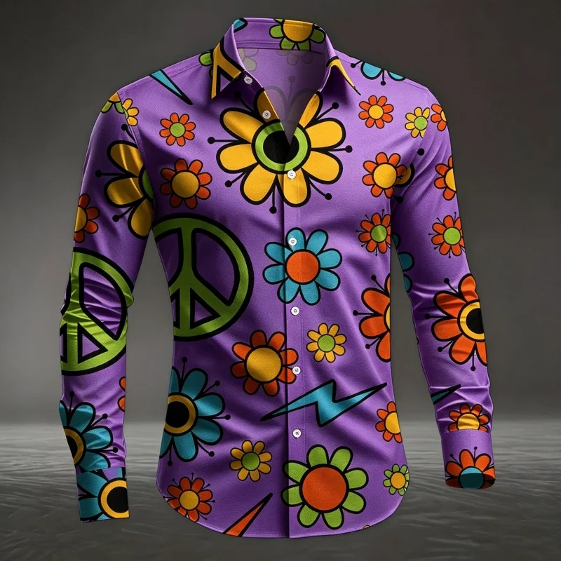Heren wit hippie vredesteken bloemenprint overhemd met lange mouwen en knoopsluiting dagelijkse casual blouse tops