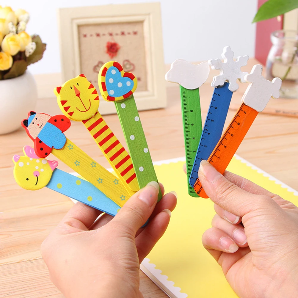 10Pcs Wooden Bookmark Bright Cartoon Graphics Sturdy Bookmarker with Dual Use As Mini Ruler for Kids School Stationery Gift