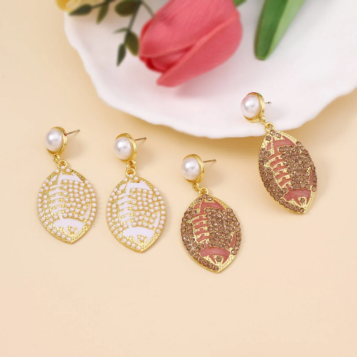 Bohemian style diamond-set rice beads football design women's earrings, niche fashion personalized earrings