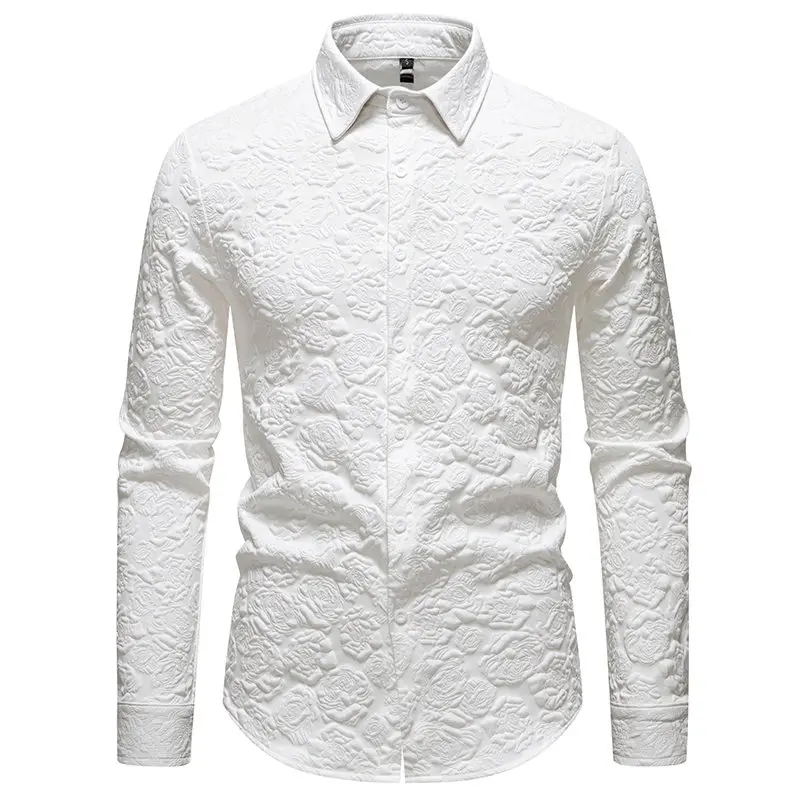 Men's Long Sleeve Shirt with Textured Pattern Classic Notch Lapel Casual Streetwear Formal Shirt, Unique Pressed Fabric Top