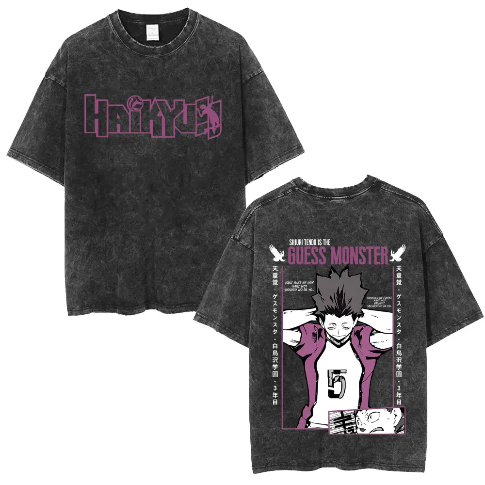 Gewaschenes Vintage Anime Haikyuu T-Shirt Tsukishima Kei T-Shirt für Männer und Frauen Manga Übergroßes T-Shirt Herren Lässiges Retro Baumwoll-T-Shirt – Detail 9