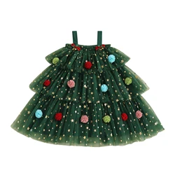 Little Girl Christmas Dress Sweet Star Print Layered Tulle Dress with Plush Ball Square Neck Sleeveless Girl Dress 1-6 Years