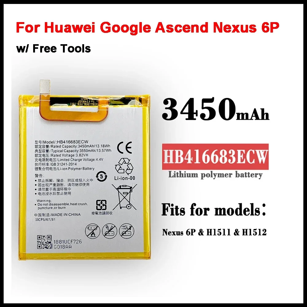 

New HB416683ECW Real 3450mAh Battery for Huawei Nexus 6P Google Ascend H1511 H1512 Battery +Tools