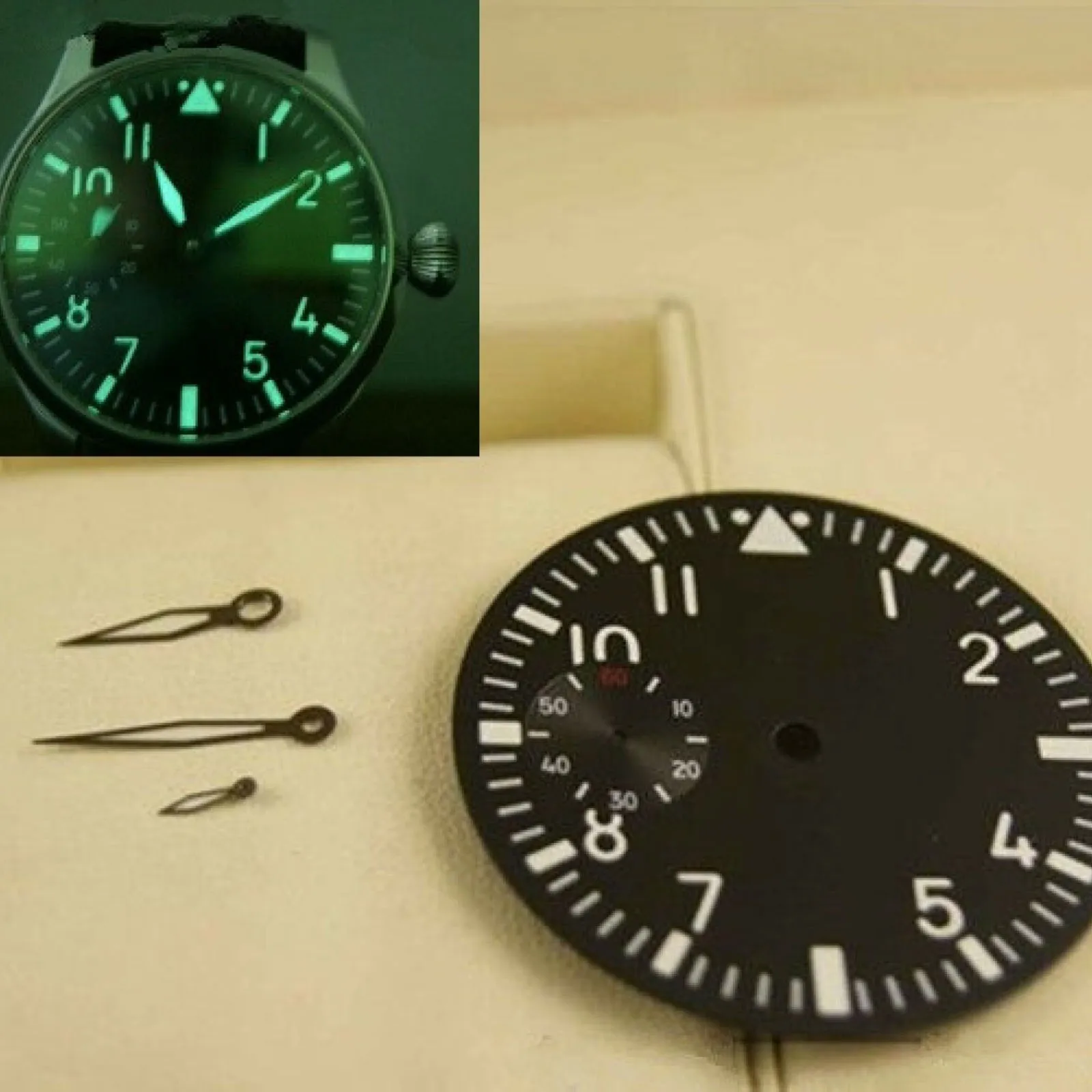 ETA 6497 Seagull ST3600 무브먼트 시계 무브먼트 액세서리 용 핸즈가있는 녹색 빛나는 38.9mm 검정색 시계 다이얼