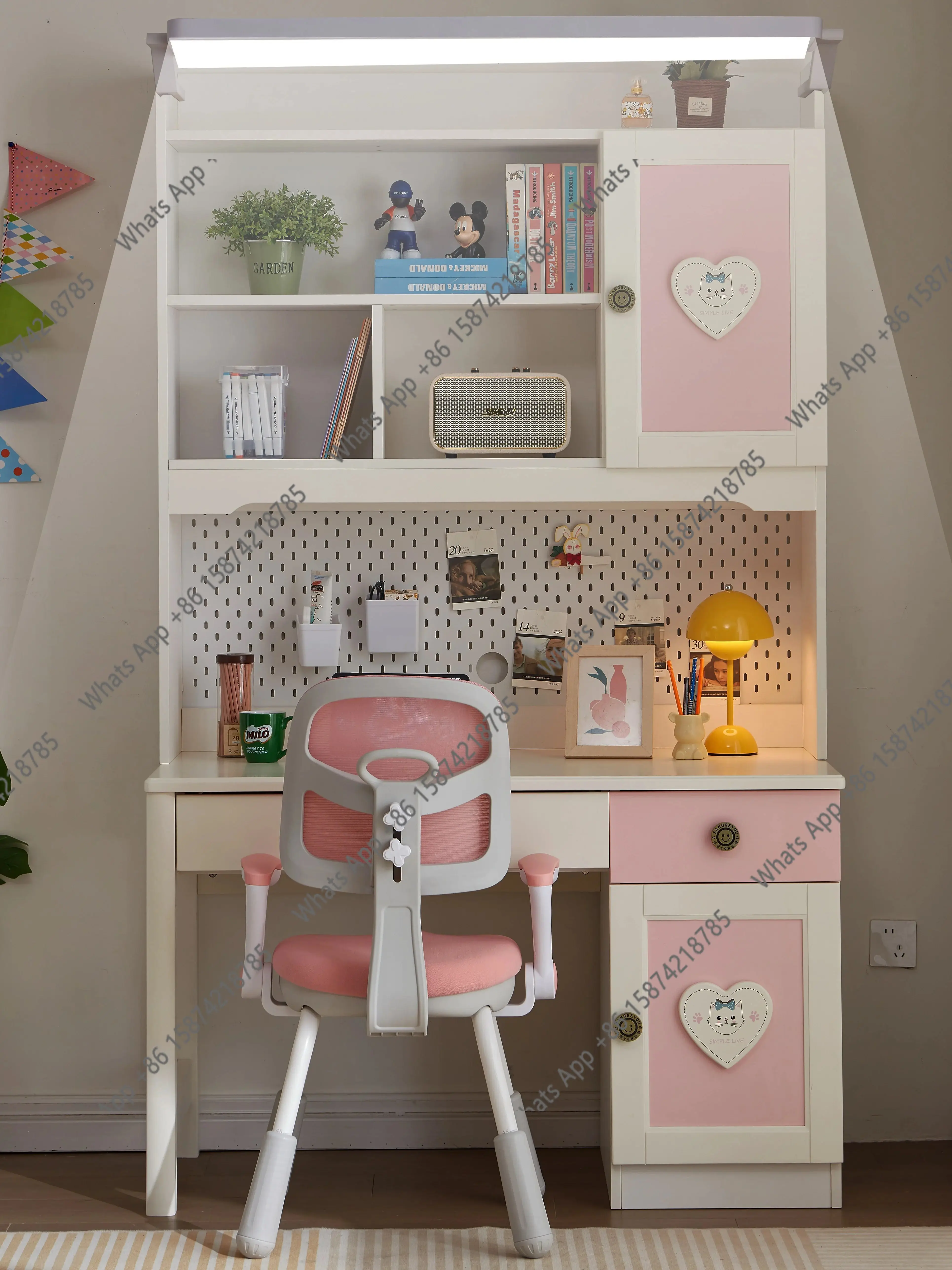 

Children's all-solid wood desk bookcase bookshelf integrated girl pink study table and chair bedroom student home 1.2 meters
