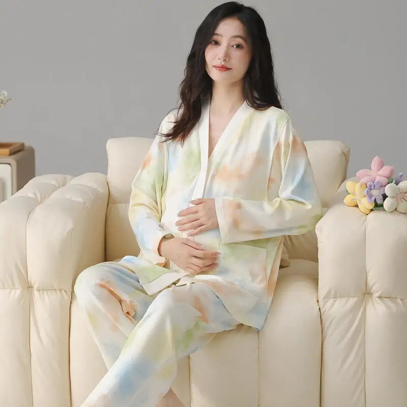 Built-In Bra Pads Maternity Pajamas Spring Autumn Prenatal Postpartum Pregnant Woman Plus Size Pajamas Lactation Period Homewear