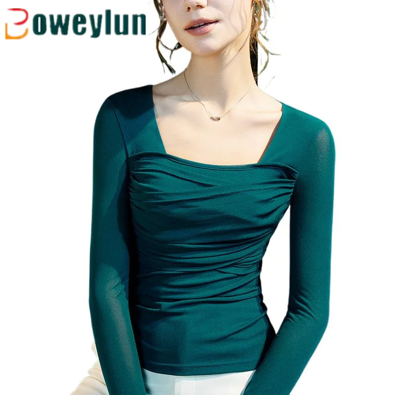 

Boweylun New Square NeckMesh Bottoming Shirt Female Splicing Slim Inner Solid Long-sleeved Tops Women Spring and Sutumn