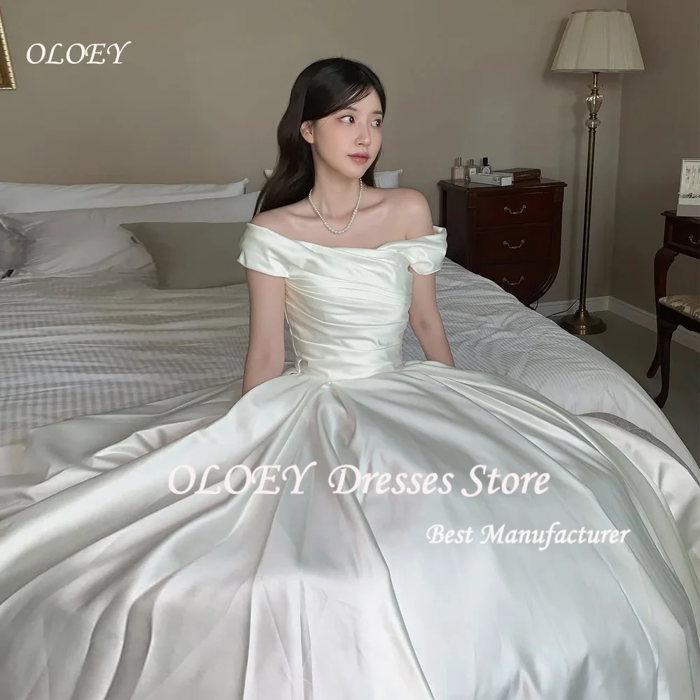 OLOEY Off Shoulder Elegant Korea Wedding Dresses A-Line Silk Satin Photo Shoot Simple Bridal Gowns Customize 웨딩드레스 Corset