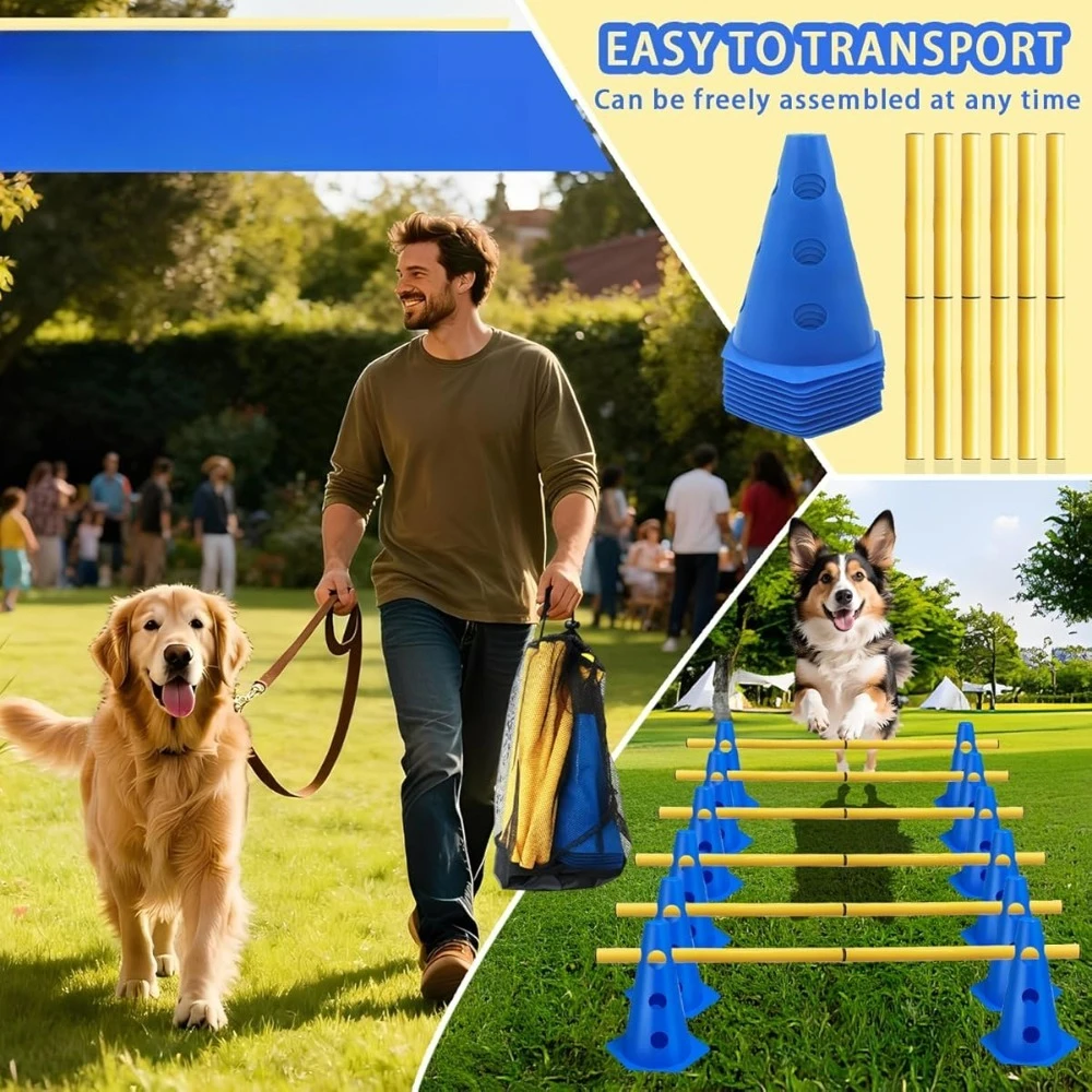 Kit d'entraînement d'agilité pour animaux de compagnie, hauteur réglable, léger et portable, parfait pour le parc, la plage et les jeux en plein air avec votre chien.