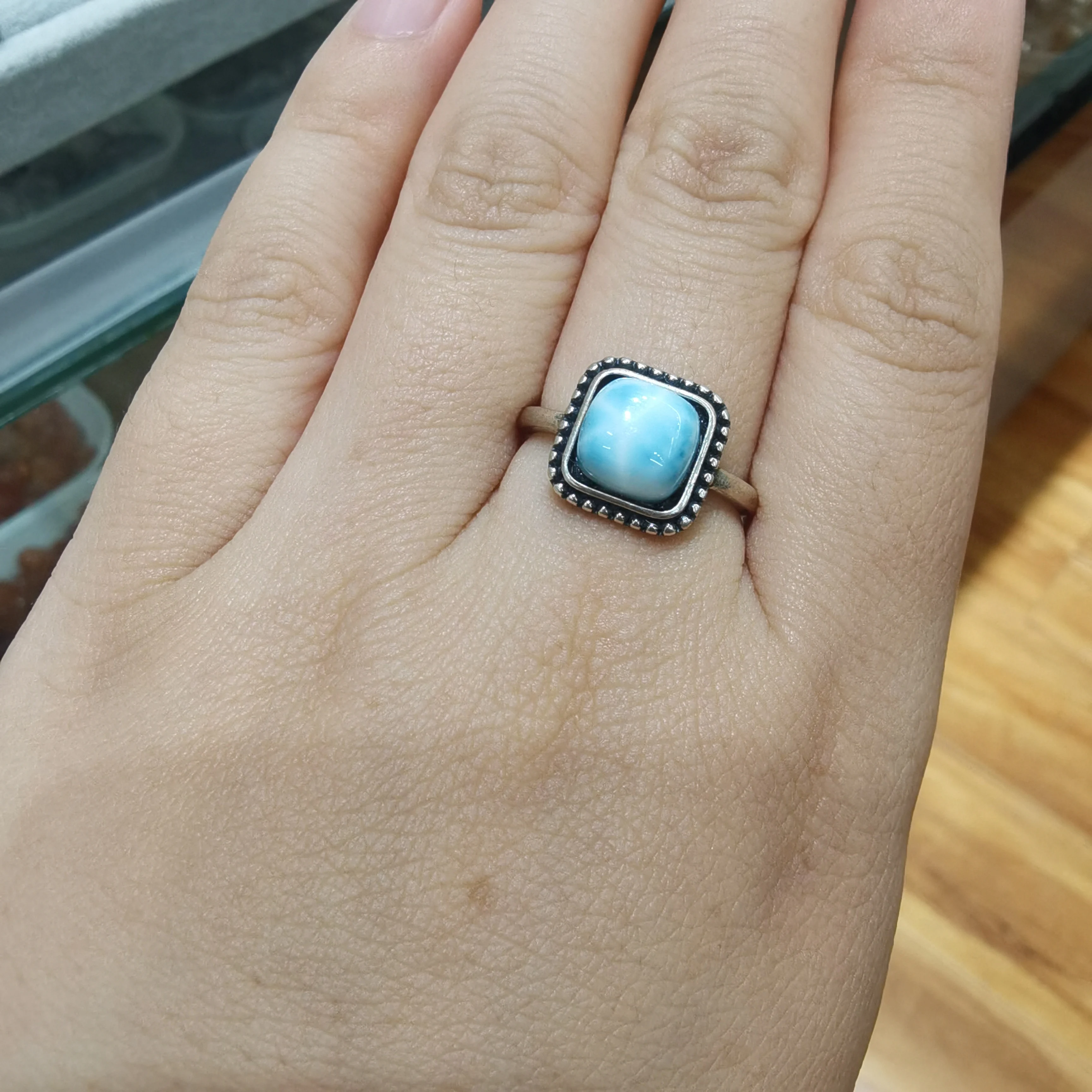 Solid 925 Sterling Silver Rings With Natural Larimar Gemstone Ring For Women Men Adjustable Size