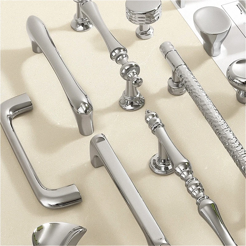 Bright Silver Wardrobe Pull Handle Modern Minimalist Zinc Alloy Knob Dresser Cabinet Drawer Handle Single-Hole Furniture Handles