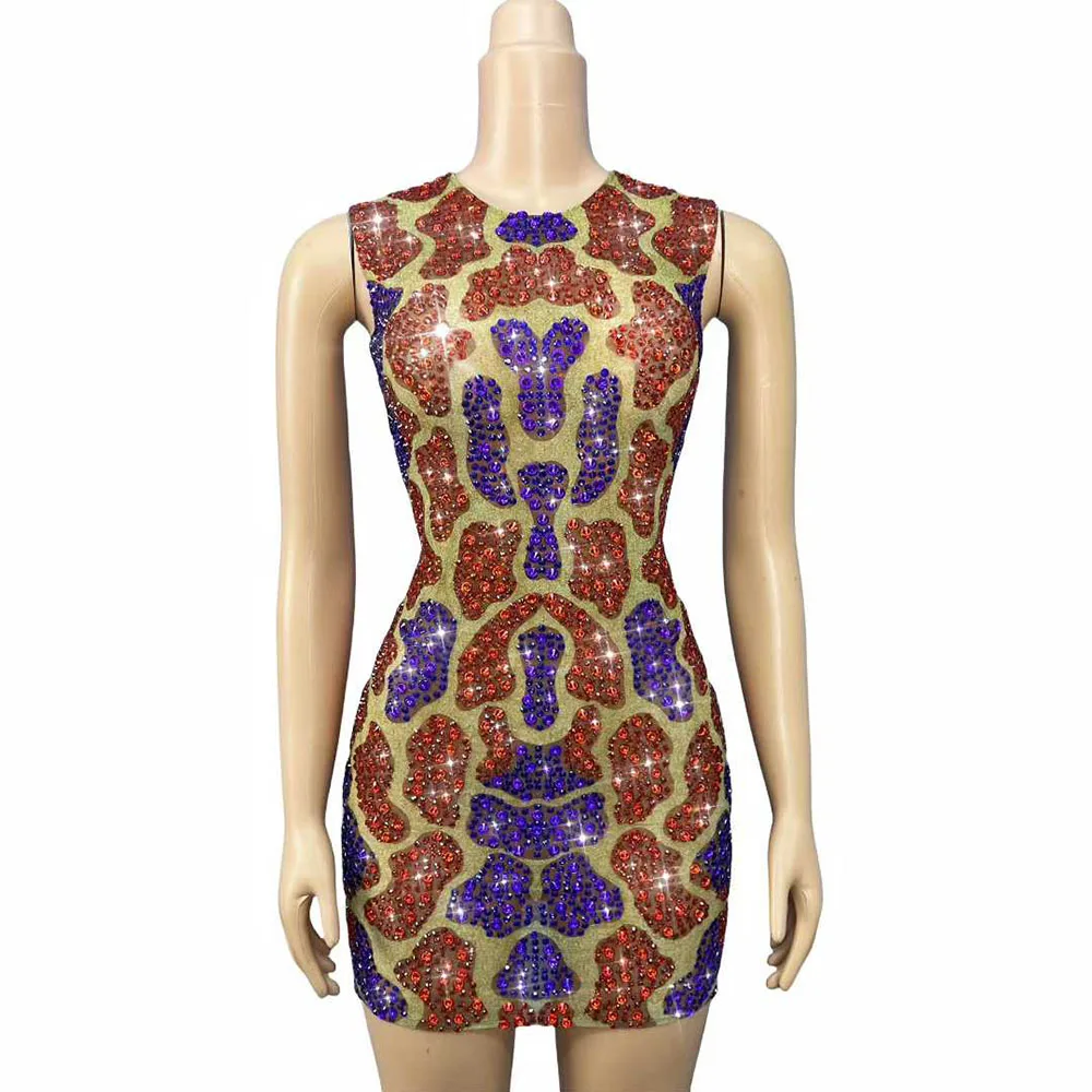 

Sexy Sparkly Red Purple Rhinestones Cultivation Mesh Sleeveless Dress Women Daily Birthday Party Fashion Show Stage Wear