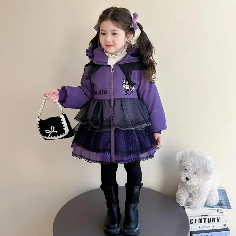 

Anime Kuromi Girl Lolita Cotton Jacket Winter Kid's Thick Warm Fashionable Hooded Jacket Bow Decoration Cotton Sweet Jacket Gift