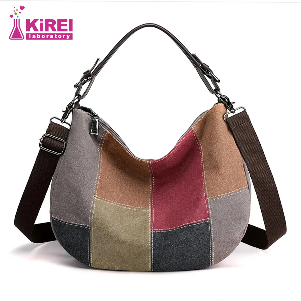 Vintage Canvas Bag Women\'s Large Capacity Single Shoulder Bag Color Patchwork Crossbody Bag Women\'s Portable Commuter Bag