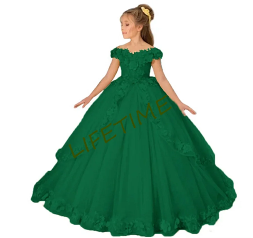 Tüll Blumen mädchen Kleider für die Hochzeit schulter frei Prinzessin Pagenat Kleid lange Kinder 3d Applikation erste heilige Kommunion Party kleider