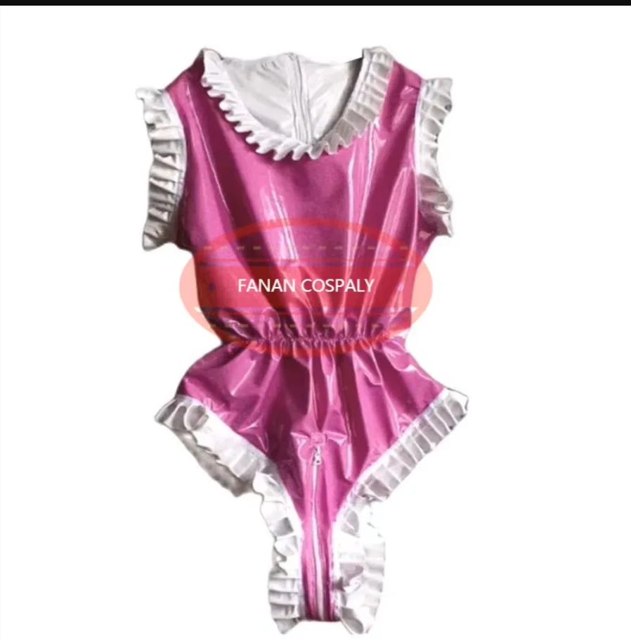 

French adult giant baby cross dressing sexy girl sissy PVC pink jumpsuit short sleeved shoulder fluffy Gothic lockable