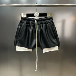 Fashion Drawstring High Elastic Waist Shorts For Women Pocket PU Leather Short Pants Female 2024 Autumn Streetwear