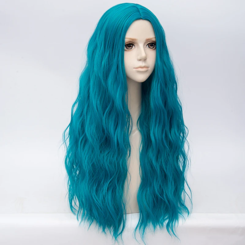 Cosplay Wig Cyan Blue Synthetic Curly Wigs Middle Part Wig Long Wavy Wig For Women Daily Party Use Heat Resistant