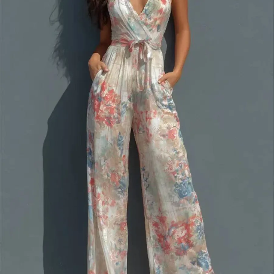 2026 Summer New Halter Neck Deep V Printed Suspender Jumpsuit High Waist Tie Waist Wide Leg Jumpsuit