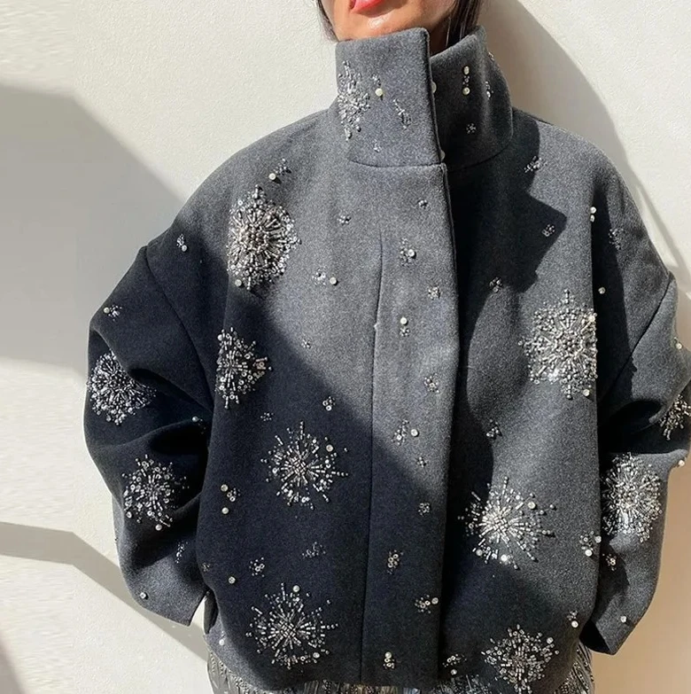 

Casual Embroidery Beading Loose Women Coat Bat Sleeve Solid Wool Blend Jacket New Luxury Spring Lapel Collar Outerwear