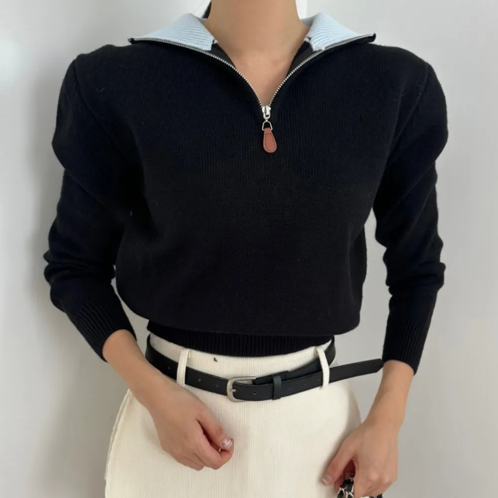 Chique Casual Lange Sve Dameshoodie Kleur Blo Kraag Gebreide Top Koreaanse Sle Herfst Winter Nieuwe collectie Veelzijdige f Zip