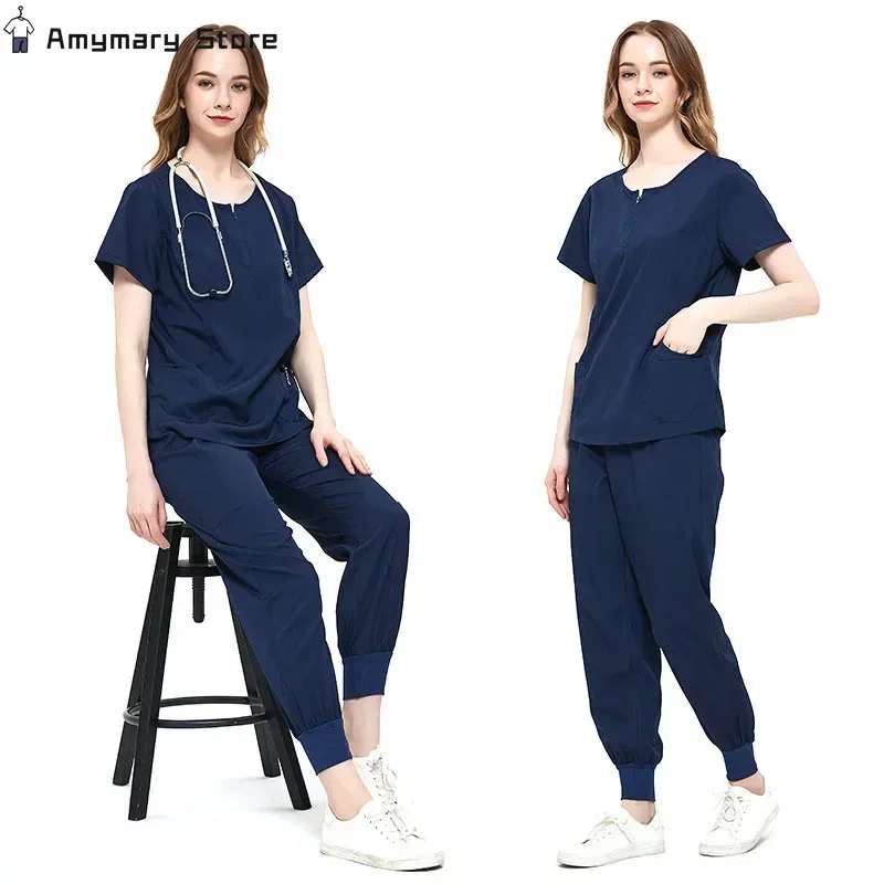 Women's Surgical Uniform Solid Color Casual Round Neck Frosted Short-sleeved Top Trousers Suit Quick-drying Hospital Nurse Suit