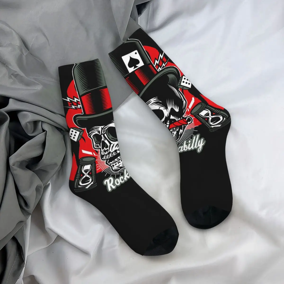 Funny Crazy Sock for Men Skull Retro Classic Rock And Roll Bikers Hip Hop Vintage Rockabilly Pattern Print Boys Crew Sock Gift