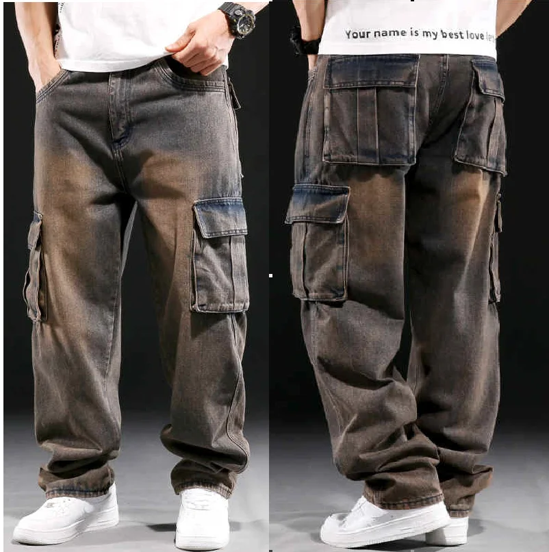 Jeans Pakaian Kerja Multi Saku Gaya Amerika, Celana Kaki Lebar Pria yang Dicuci, Jeans Kebesaran Longgar