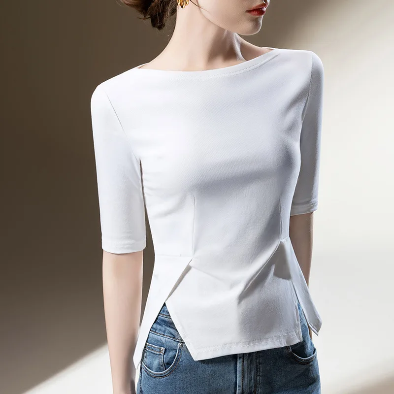 

Medium-sleeved T-shirt Women's 2025 New Women's Clothing Temperament One-word Shoulder Solid Color Cotton T-shirt Waist Split To