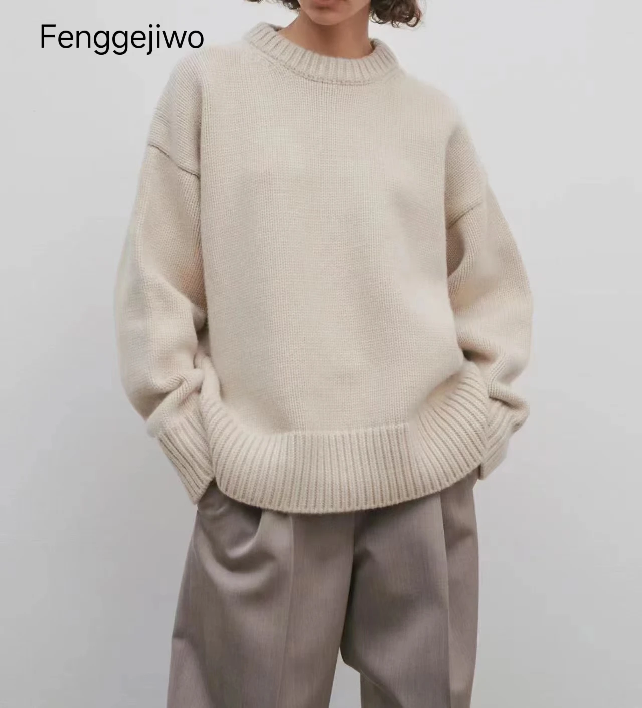 Fenggejiwo Autumn/Winter Women\'s Loose Sweater 100% Wool Solid Color Loose Edition Sweater 2 Specially Processed Wool with