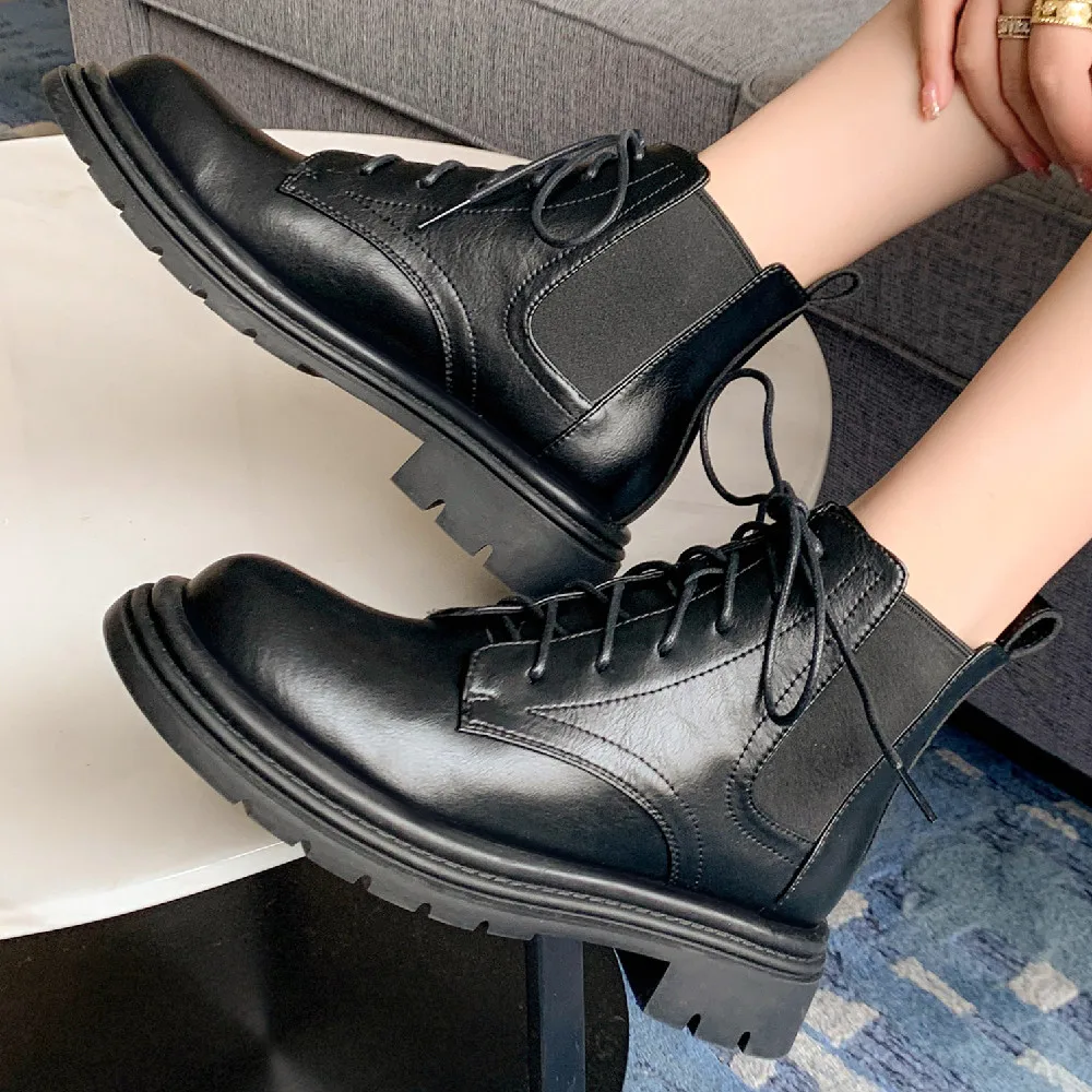 

Women's genuine leather elastic fabric patchwork lace-up flats autumn ankle boots casual female high quality short boots shoes